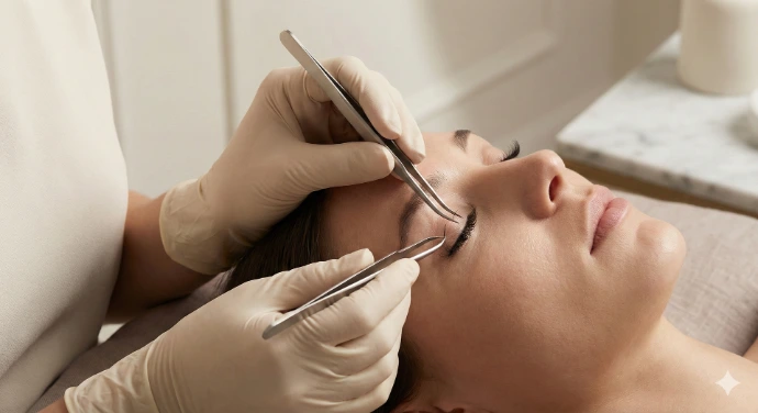 Wimpernverlängerung Anwendung im Studio professionelle Technik