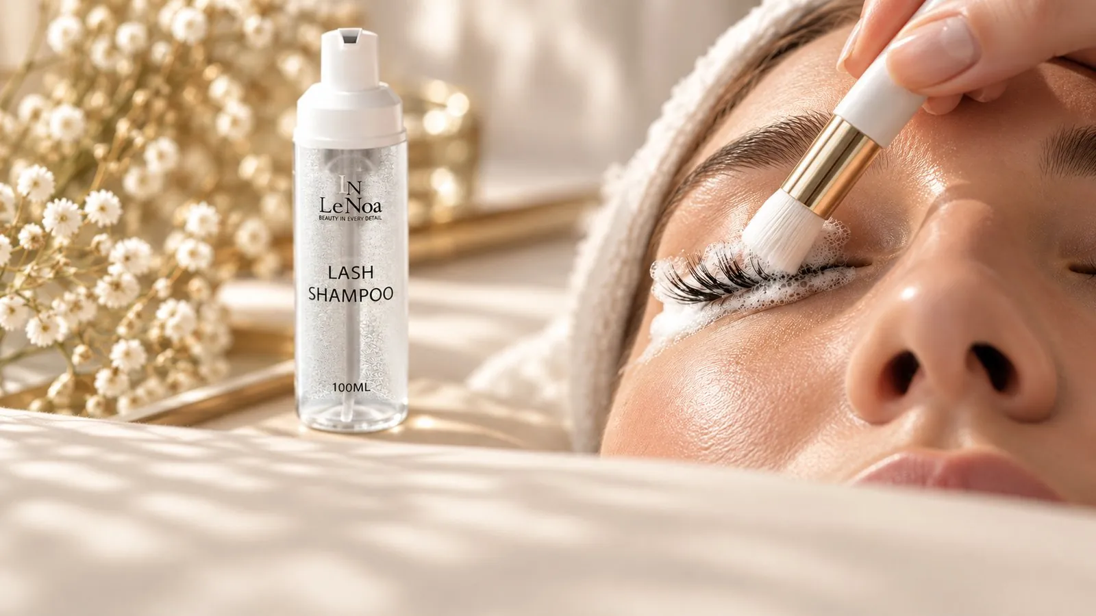 Reinigung der Naturwimpern mit Lash Shampoo und Cleansing Brush vor dem Lash Primer