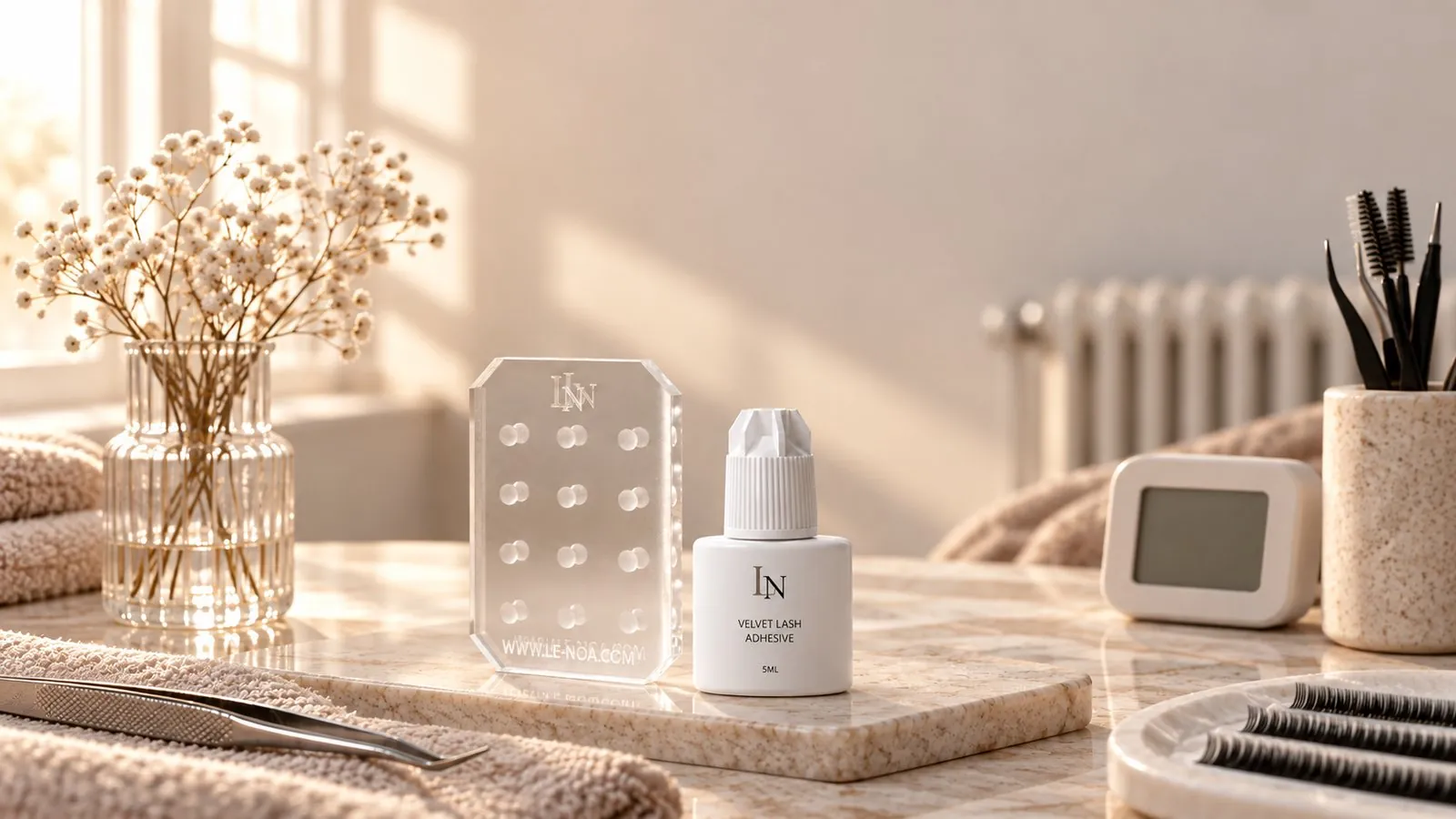 Hygrometer neben Glue Holder und Velvet Lash Adhesive am Lash-Arbeitsplatz zur Kontrolle der Luftfeuchtigkeit